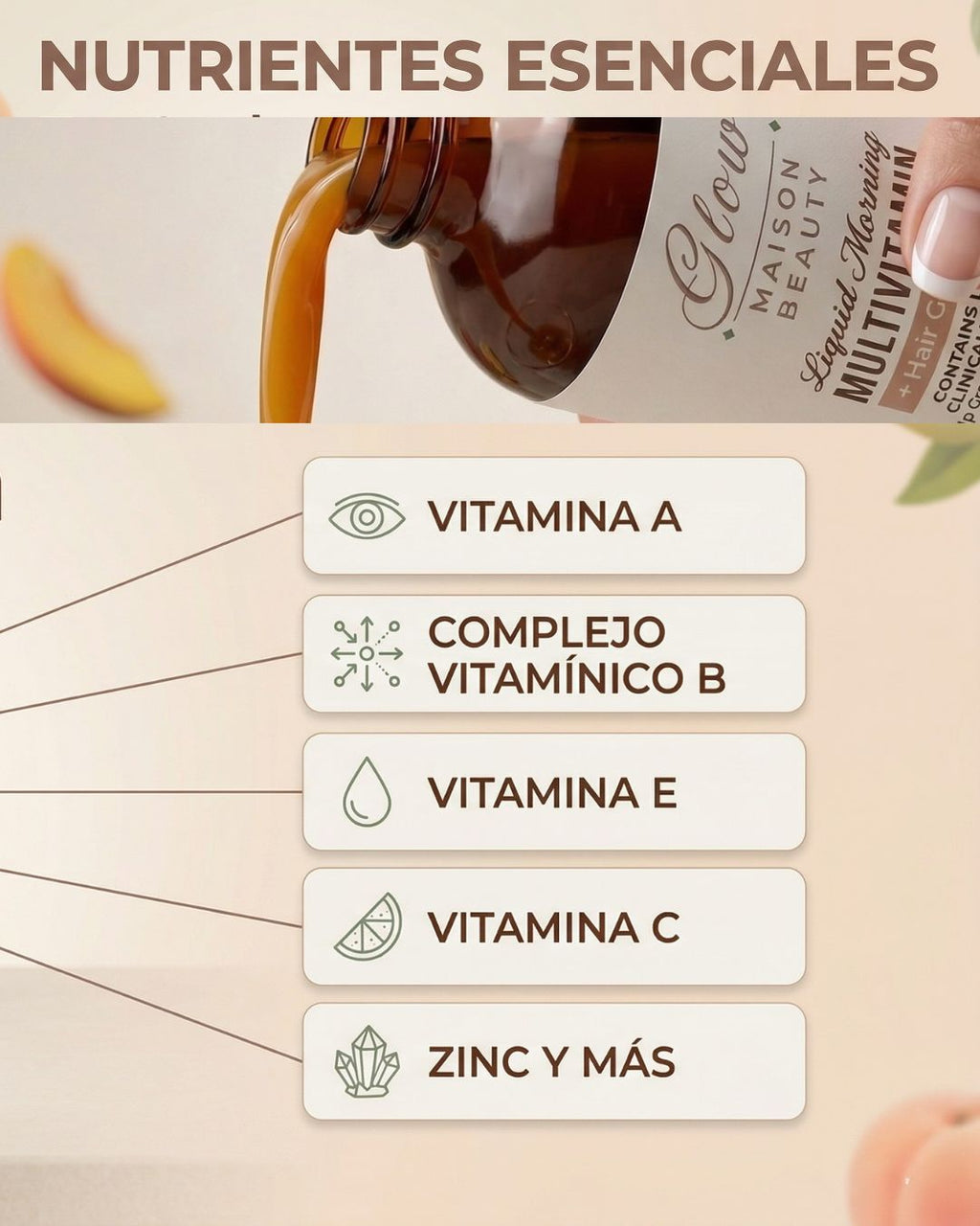 VitaGlow™ | Multivitamínico Líquido + Crecimiento Capilar Sabor Peach Mango