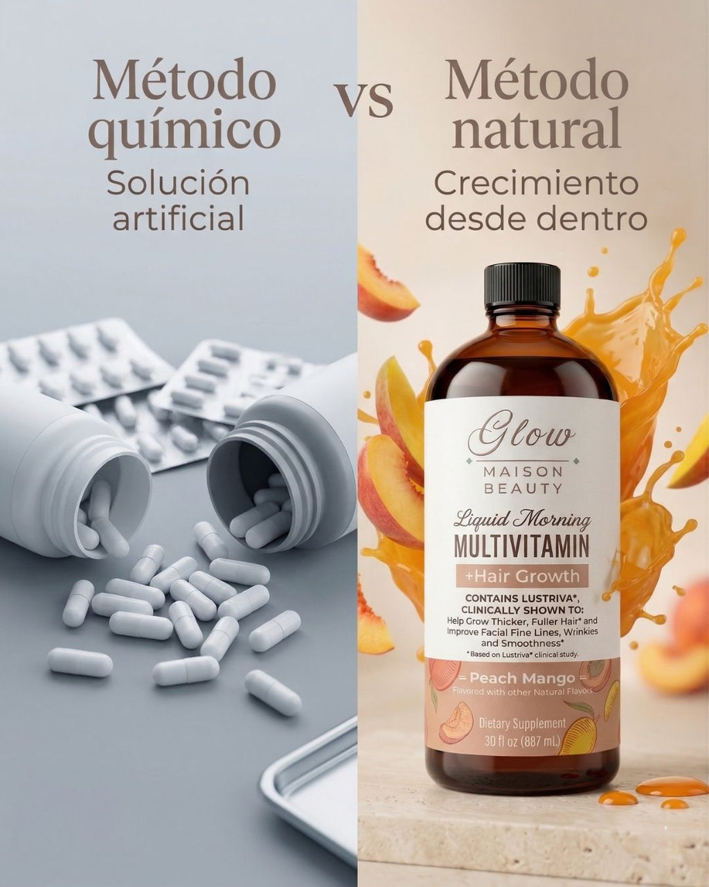 VitaGlow™ | Multivitamínico Líquido + Crecimiento Capilar Sabor Peach Mango