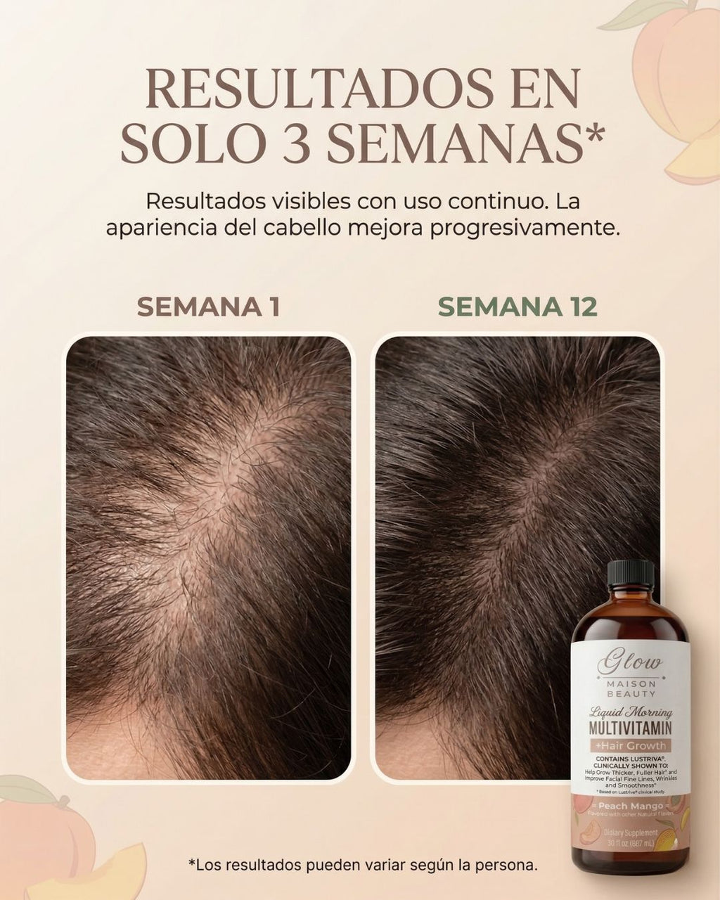VitaGlow™ | Multivitamínico Líquido + Crecimiento Capilar Sabor Peach Mango