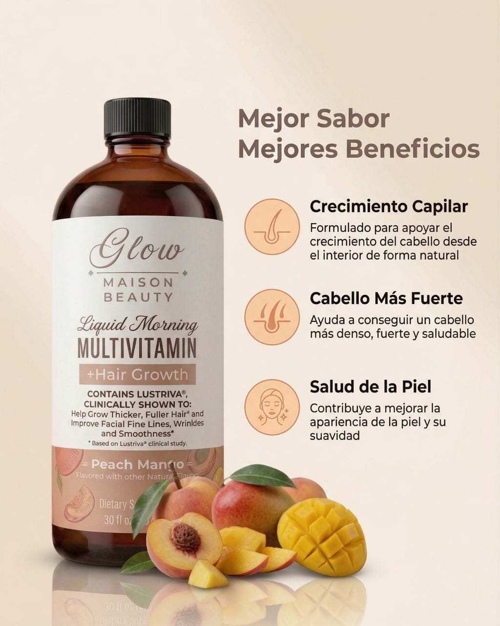 VitaGlow™ | Multivitamínico Líquido + Crecimiento Capilar Sabor Peach Mango