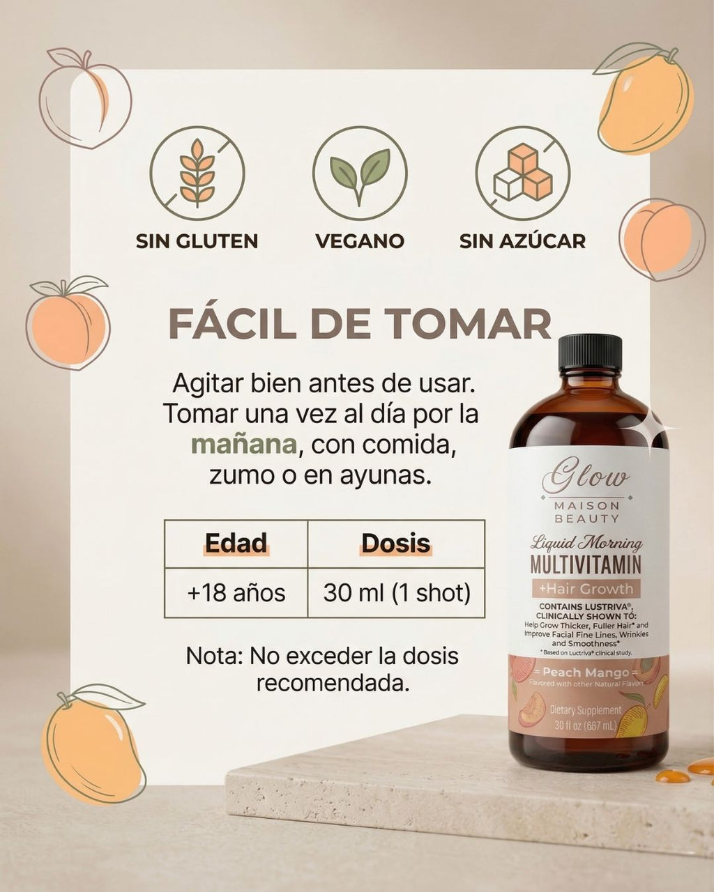 VitaGlow™ | Multivitamínico Líquido + Crecimiento Capilar Sabor Peach Mango