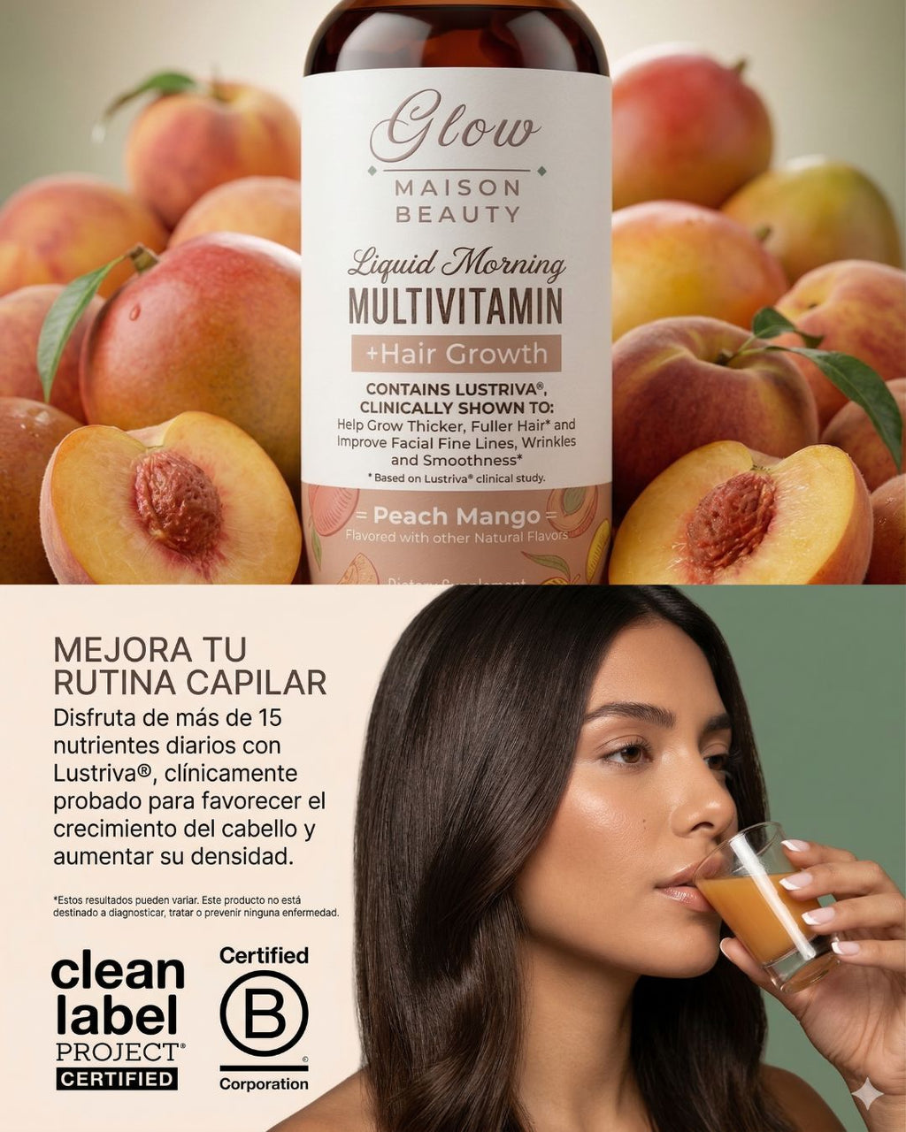 VitaGlow™ | Multivitamínico Líquido + Crecimiento Capilar Sabor Peach Mango